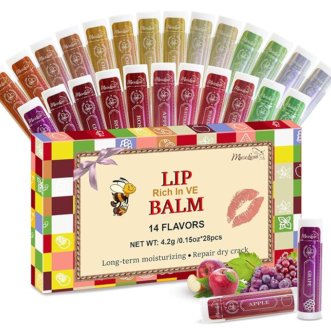 28 Pack Lip Balm,Natural Lip Balm Bulk with Vitamin E and Coconut Oil,14 Flavored Lip Balm Set, Lip Care Product, Moisturizing & Soothing Chapped Lips,Bulk Gifts for Women Party Favors