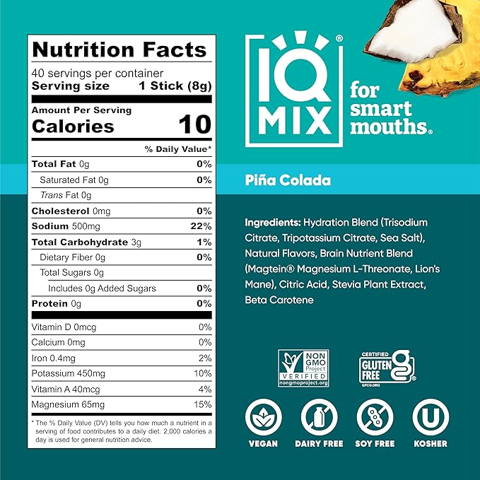IQMIX Hydration Electrolyte Powder – 4-in-1 Formula for Hydration, Mental Clarity, Mood and Recovery – Sugar-Free Drink Mix, Keto, Magnesium L-Threonate, Lion’s Mane – 40 Count Piña Colada
