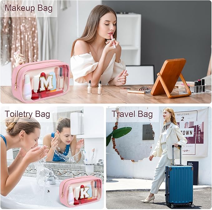 YOOLIFE Initial Make Up Bag Travel Toiletry Bag, Clear Makeup Bag Preppy Cosmetic Bags Organizer Travel Essentials Pink Gifts for Women Teen Girlfriend Teacher Mom Birthday Mothers Day Gifts E