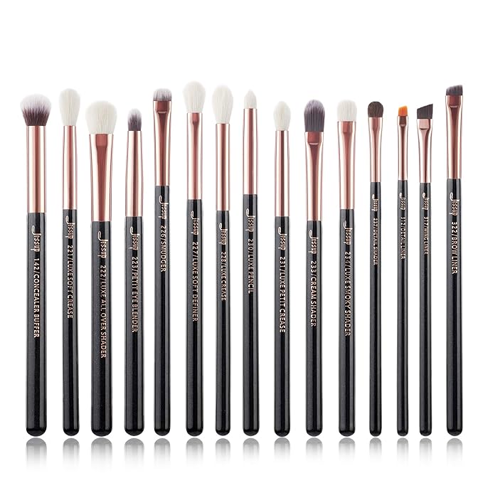 Jessup 15Pcs Professional Makeup Brushes Set Make up Brush Tools kit Eye Liner Shader Wood Handle Natural-synthetic Hair Brushes Pearl Black/Rose Gold T157