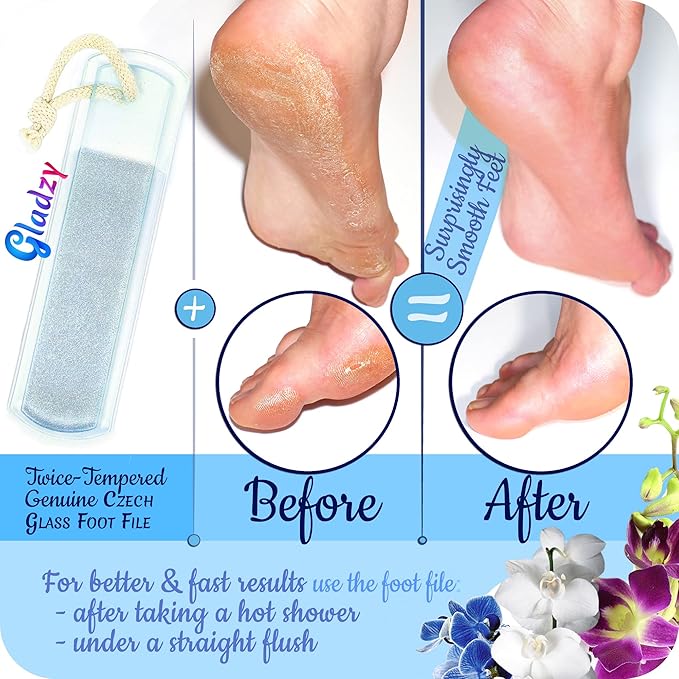 GLADZY Czech Glass Nail File Set - Multifunctional Nail Shiner Buffer, Callus Remover Foot Rasp, Glass Cuticle Pusher Manicure Stick, Etched Surface, Professional Nail Care Tool, Made in EU