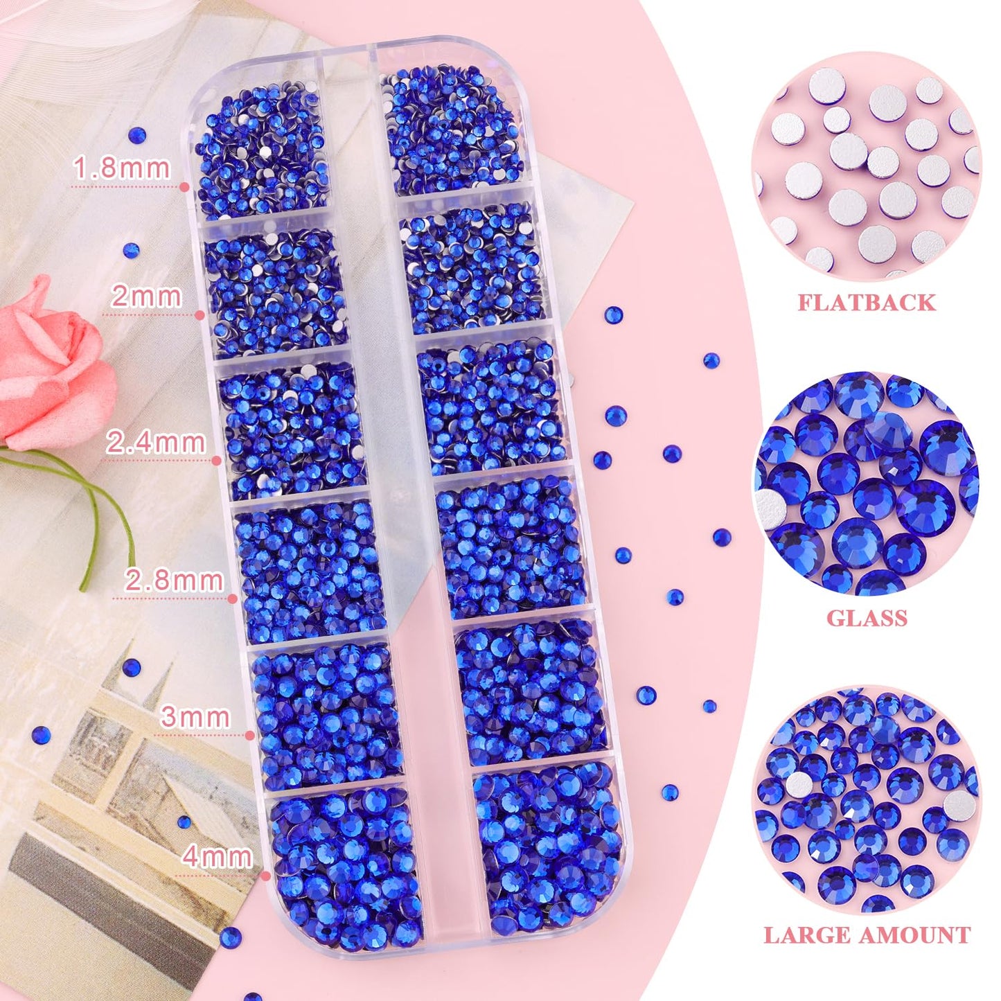 3600pcs Glass Royal Blue Nail Rhinestones 6 Sizes(1.8/2/2.4/2.8/3/4mm) Flatback Crystal Nail Charms Jewels Decoration for Nail Art and Crafting, Tweezer and Pickup Pen included