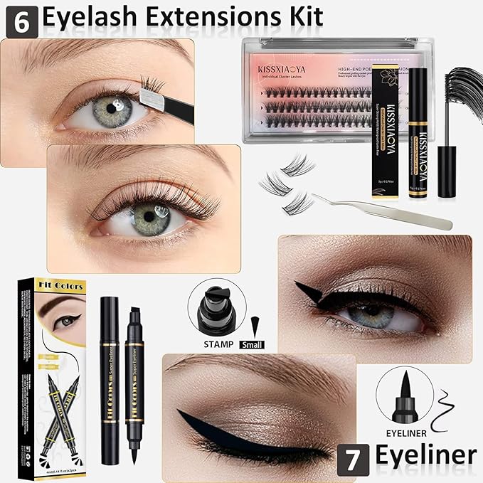 All In One Makeup Essential Starter Kit for Beginners or Pros, 18 Colors Naked Eyeshadow Palette Nude Face Primer, Brush, Sponge, Eyebrow Powder, Winged Eyeliner Stamp (SetA)