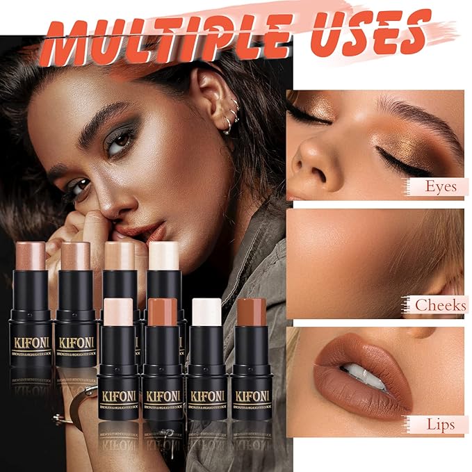 2 Pcs Cream Contour Stick Makeup Kit, Cream Highlighter Stick & Contour Bronzer Stick for Cheeks, Lightweight Blendable Smooth -Highlighter (#03 Champagne Gold #06 Silver)