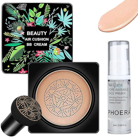 Mushroom Head Air Cushion CC Cream Foundation BB Cream Foundation Makeup Moisturizing CC Cream Liquid Foundation with Makeup Primer Concealer Lasting Even Skin Tone Makeup Base Primer(Natural)