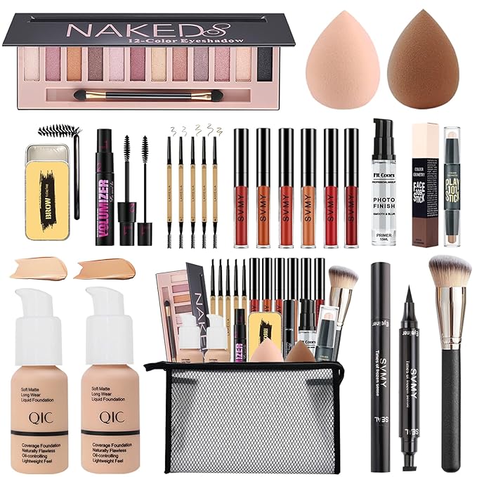 All in One Makeup Kit,Includes Naked Eyeshadow Palette,Liquid Foundation,Lipstick Set,Mascara,Makeup Brush,Makeup Sponge,Eyebrow Pencil,Eyebrow Soap,Eyeliner Stamp, Primer,Contour Stick,Cosmetic Bag