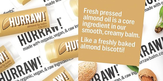 Hurraw! Almond Lip Balm: Organic, Certified Vegan, Cruelty and Gluten Free. Non-GMO, 100% Natural Ingredients. Bee, Shea, Soy and Palm Free. Made in USA