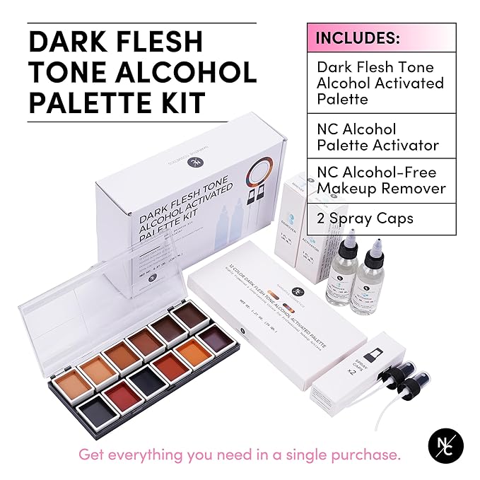 12 Color Dark Flesh Tone Alcohol Activated Makeup Palette Kit - Includes Alcohol Activator and Moisturizing Remover - Waterproof Makeup for Professional Makeup Artists