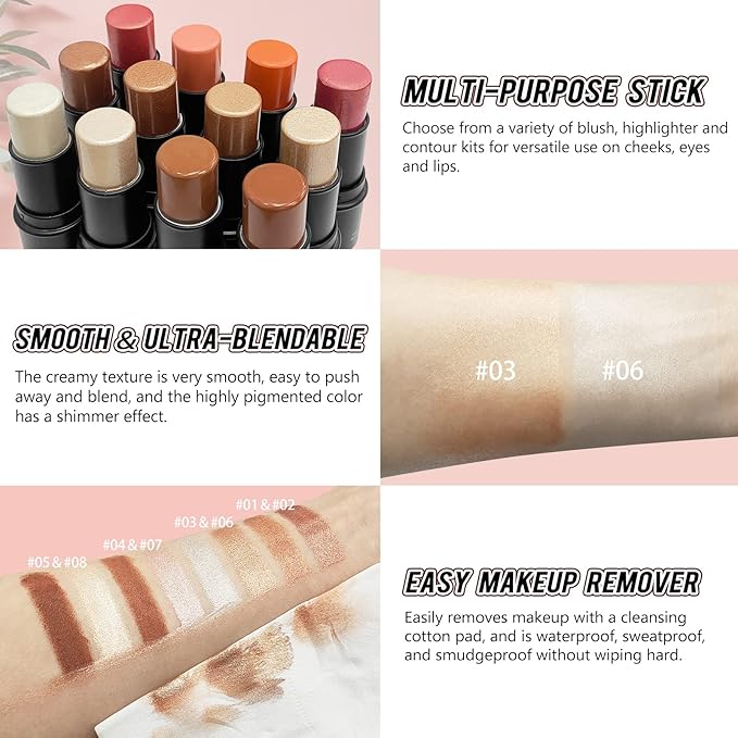 2 Pcs Cream Contour Stick Makeup Kit, Cream Highlighter Stick & Contour Bronzer Stick for Cheeks, Lightweight Blendable Smooth -Highlighter (#03 Champagne Gold #06 Silver)