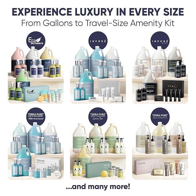 Eco Botanics Amenity & Accessory Kit | 0.85 oz Travel Size Shampoo, Conditioner, Lotion, Body Wash, Body Bar, Cleansing Bar, Shave & Dental Sets, Make-Up Remover Wipes, & Vanity Kit | 1 set per case