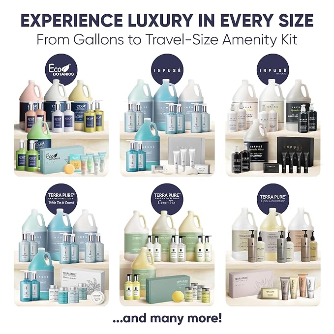 Eco Botanics Amenity & Accessory Kit | 0.85 oz Travel Size Shampoo, Conditioner, Lotion, Body Wash, Soap Bar, Shave & Dental Sets, Make-Up Remover Wipes, & Vanity Kit | 60 sets per case