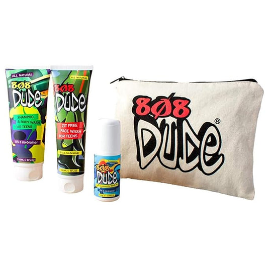 Skincare Kit for Teens. Shampoo and Body Wash, Face Wash and Deodorant to Prevent Breakouts and Eliminate Body Odor with Eco-Friendly Cotton Toiletry Bag