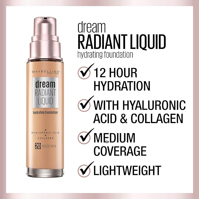Maybelline Dream Radiant Liquid Medium Coverage Hydrating Makeup, Lightweight Liquid Foundation, Mocha, 1 Fl; Oz
