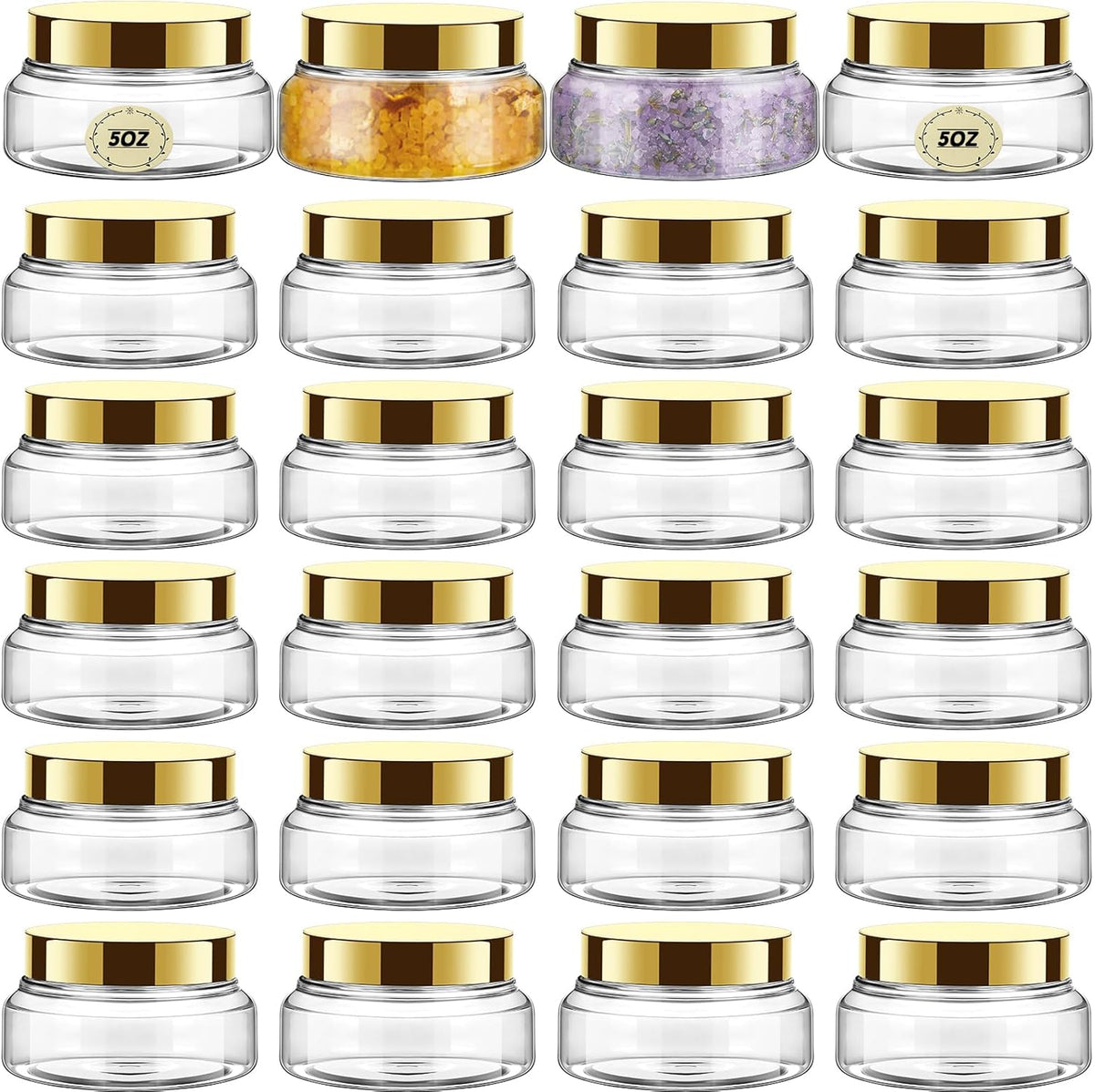 Tessco 24 Pack Plastic Jars with Lids Labels Empty Clear Plastic Jars Round Refillable Cosmetic Containers Body Butter Containers Bulk Sugar Scrub Bottle for Make Up(5 oz,Gold)