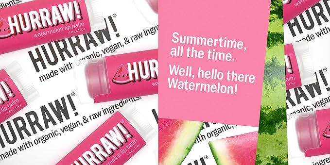Hurraw! Watermelon Lip Balm, 2 Pack: Organic, Certified Vegan, Cruelty and Gluten Free. Non-GMO, 100% Natural Ingredients. Bee, Shea, Soy and Palm Free. Made in USA