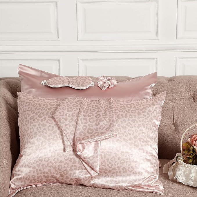 2 Pack Satin Pillowcase with Latent Zipper, Adjustable Satin Eye Mask for Sleeping and Satin Volume Scrunchie for Hair and Skin, Standard Size (Pink, Leopard Style)