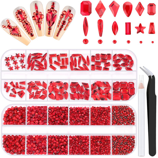 3220Pcs Red Glass Nail Rhinestones 120Pcs Multi Shapes Flatback Gems Crystal + 3100Pcs 1.5-4mm Round Beads, Manicure Diomand Jewelry Gemstones for Nail Design Makeup Acrylic Nails Decoration