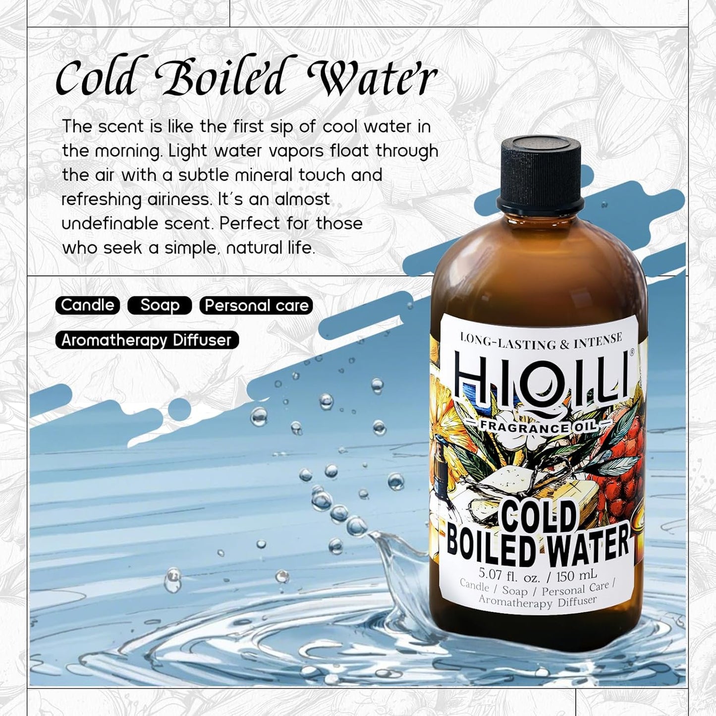 HIQILI Cold Boiled Water Fragrance Oil for Home Diffuser, Great for Making Candle, Soap, Body Wash, DIY Multipurpose Room Spray- 5.07 Fl Oz
