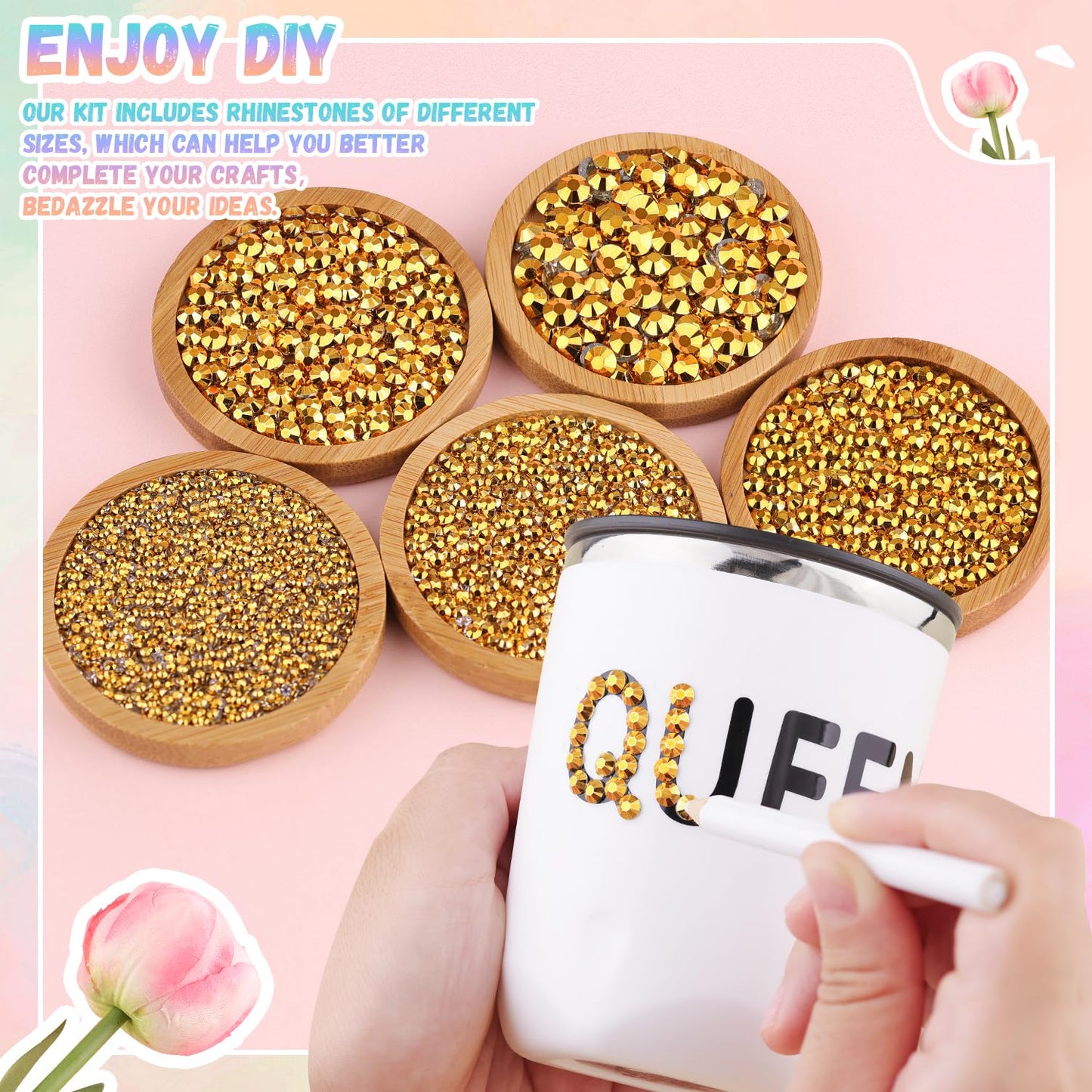 25000Pcs Resin Rhinestones with B7000 Jewelry Glue for Crafting, Copper Gold 2-6mm Non Hotfix Flatback Gems, Bedazzling Crystal for DIY Crafts Clothing Tumblers Mugs Shoes Fabric Nail Art