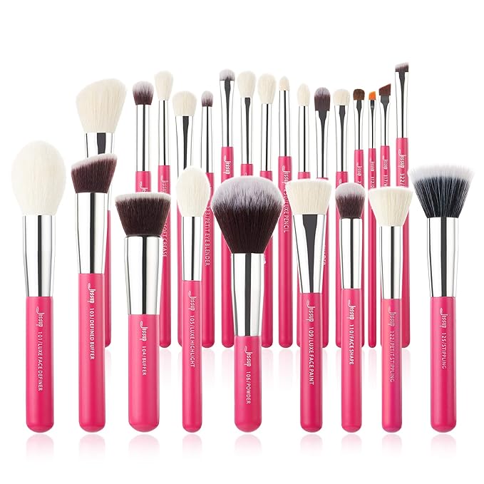 Jessup Brand 25pcs Professional Makeup Brush Set Beauty Cosmetic Foundation Powder Blusher Eye Shadow Blending Concealer Highlight Natural-Synthetic Hair Brushes Set (Rose Carmine/Silver)