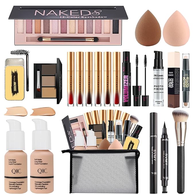 All in One Makeup Kit for Women,Includes Naked Eyeshadow,Liquid Foundation,Lipstick Set,Mascara,Makeup Brush,Makeup Sponge,Eyebrow Powder,Eyebrow Soap,Eyeliner Stamp,Primer,Contour Stick,Makeup Bag