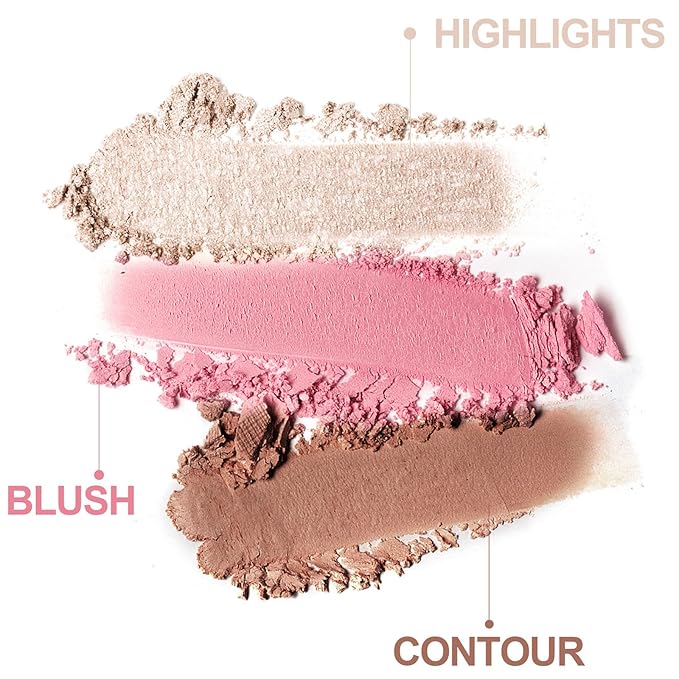 3-in-1 Blendable Trio, Contour and Highlight Blush Makeup Palette, Cream Bronzer, Silky Smooth Powder Blush, Shimmer Highlighter Makeup Powder, Pink Brown Eyeshadow Palette with Mirror(01)
