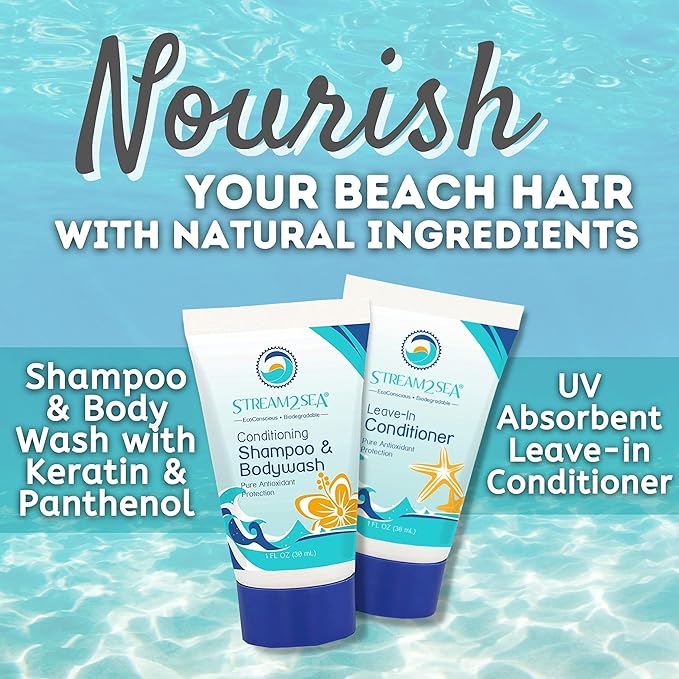 EcoConscious Travel Kit Body & Hair Care Gift Set | Shampoo & Body wash | Conditioner | SPF30, SPF20 and Mineral Sunscreen | SPF 30 Cucumber Mint and Hydrate Cherry Vanilla Lip Balm by Stream2Sea