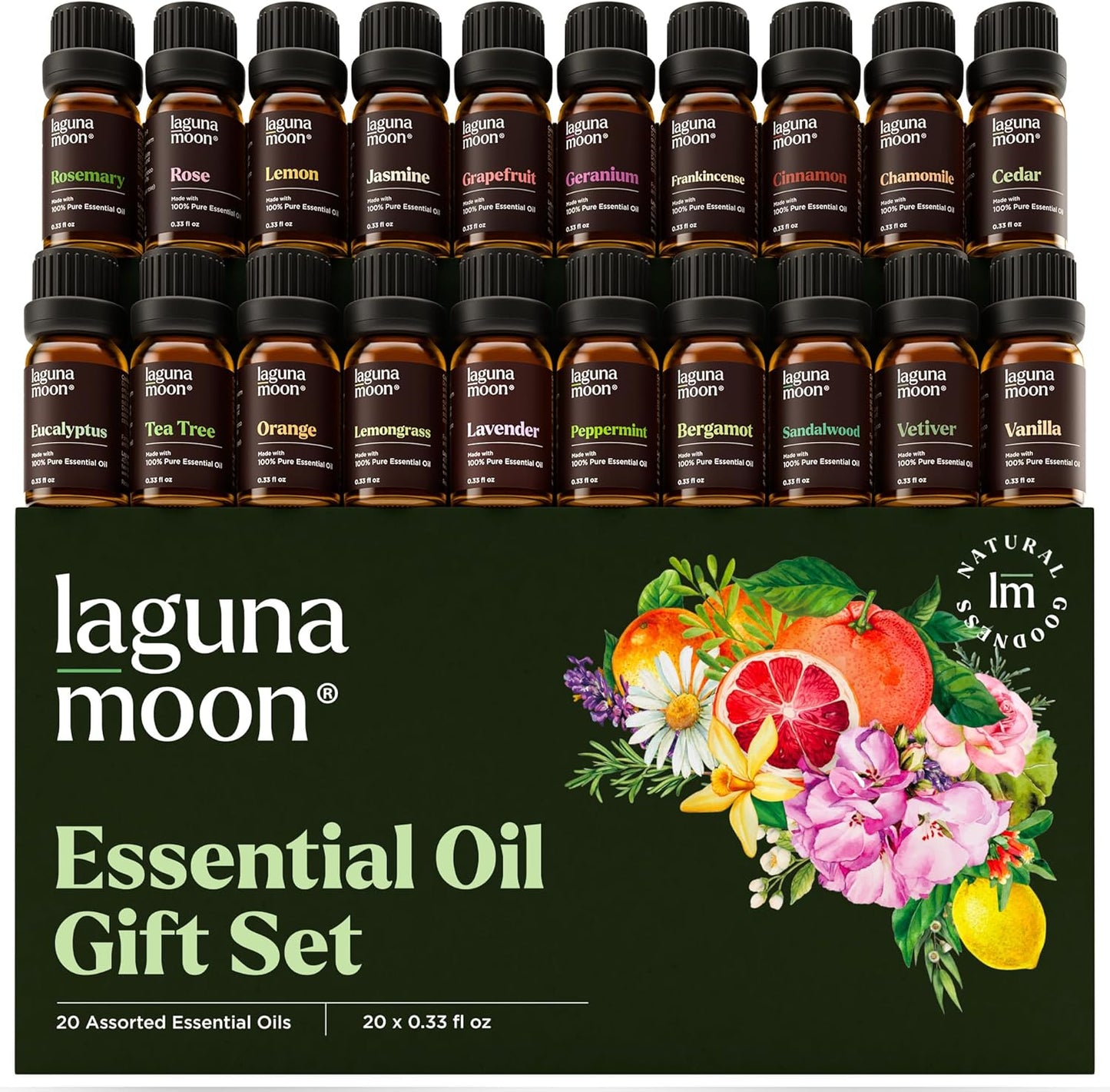 Lagunamoon Essential Oils Set, Top 20 Gift Set Oils for Diffusers, Humidifiers, Aromatherapy, Candle Making Scents, Cars & Home Products, Peppermint, Tea Tree, Lavender, Eucalyptus, Lemongrass (10mL)