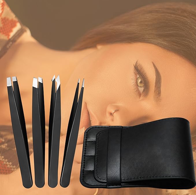Tweezers Set - Professional Stainless Steel Tweezers for Eyebrows - Great Precision for Facial Hair, Splinter & Ingrown Hair Removal - Tweezers for Women & Men with Travel Case