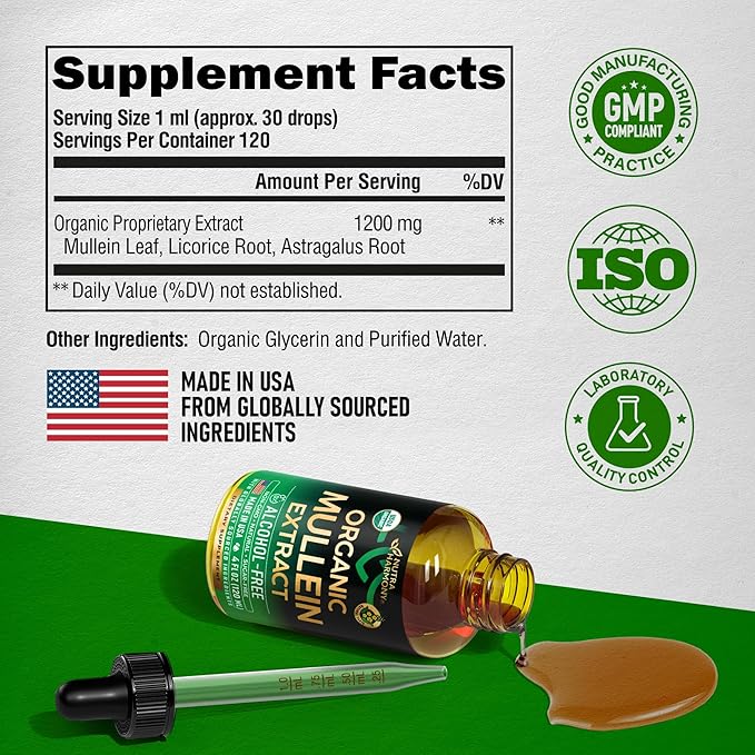Mullein Drops for Lungs - USDA Organic Liquid - Mullein Leaf Extract Supplement - Made in USA - Lung & Bronchial Cleanse for Smokers - Respiratory Health Support - As Tincture, Tea, Pills - 4 fl oz