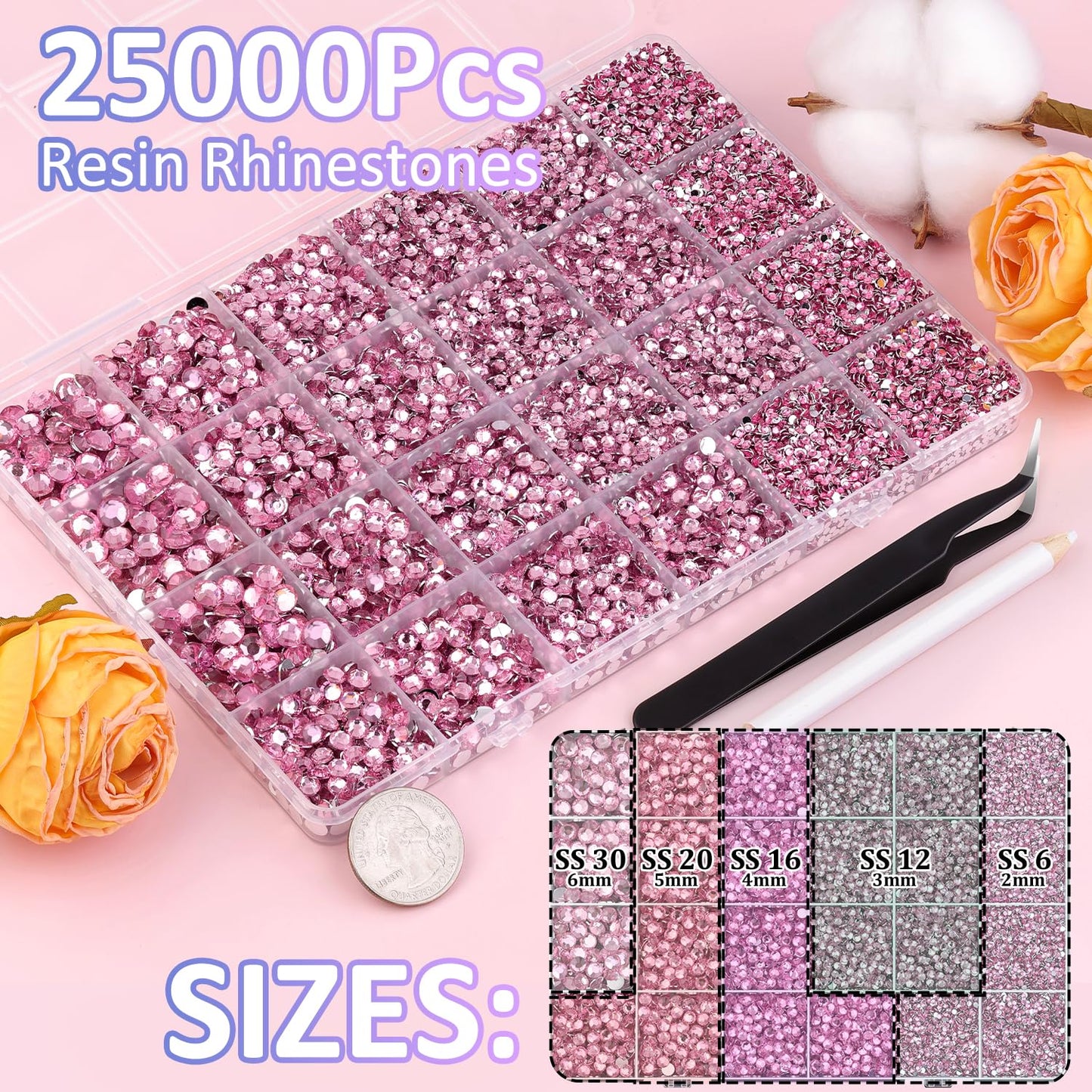 25000Pcs Resin Rhinestones with Tweezers for Crafting, Dark Pink 2-6mm Mixed Sizes Bedazzling Crystal with 3Pcs 10ml B7000 Jewelry Glue for DIY Crafts Clothing Tumblers Shoes Fabric Nail Art