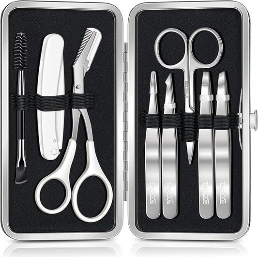 TsMADDTs Tweezers for Women Facial Hair, 8 in 1 Eyebrow Kit with Tweezers, Scissors, Razor, Brush with Travel Bag, Eyebrow Shaping Kit