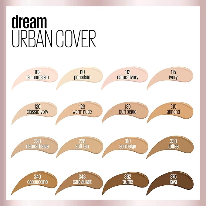 Maybelline Dream Urban Cover Flawless Coverage Foundation Makeup, SPF 50, Fair Porcelain