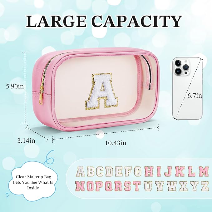 YOOLIFE Graduation Teacher Gifts Initial Clear Makeup Bag Birthday Gift Travel Toiletry Preppy Cosmetic Bags Birthday Gift for Girls Kids Travel Essentials Clear Toiletry Bag A