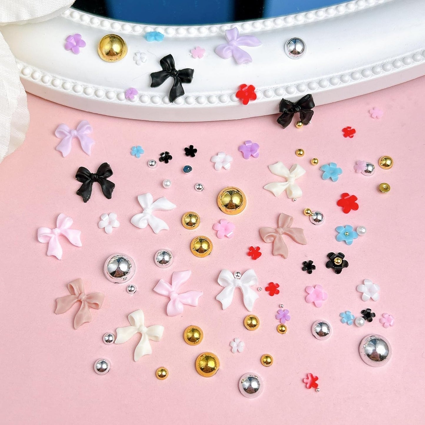 3D Bow Nail Charms Kit, Colorful Resin Flower Bowknot Nail Art, Mix Gold Silver Flatback Beads Charms for Manicure DIY Crafts Jewelry Accessories