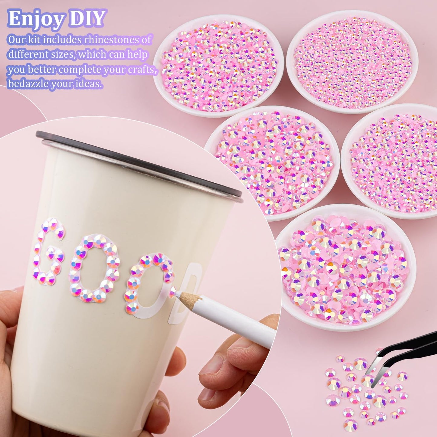 30000Pcs Light Pink AB Rhinestones for Bedazzling with B7000 Jewelry Glue, Bedazzler Kit Flatback Gems, Resin Rhinestones for Crafting Crafts Clothing Shoes Fabric Nail Art Assorted Size 2/3/4/5/6mm