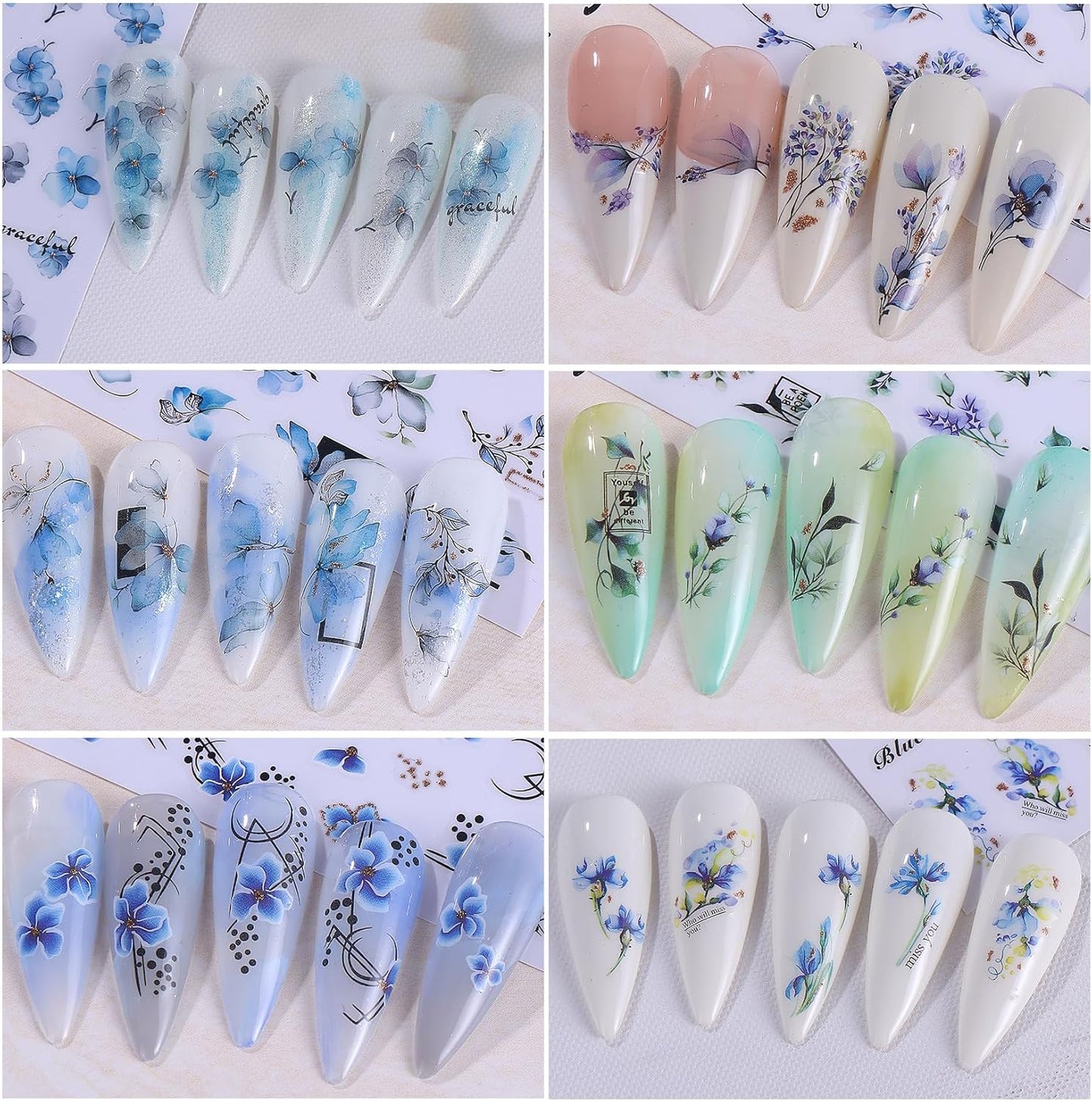Ink Flower Nail Art Stickers 12 Sheets 3D Self-Adhesive Nail Decals with Tweezers Watercolor Floral Leaves Stickers Charming Blossom Flowers Designs Nail Art Supplies Manicure Accessories for Women