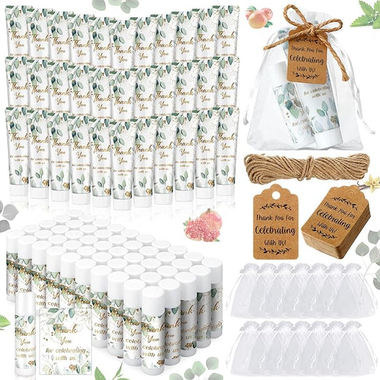 200 Pcs Baby Shower Wedding Party Favors Gift Set, 50 Pcs Baby Shower Hand Cream and 50 Lip Balm for Wedding Bridesmaid Guests Gift Supplies with 50 Organza Bag 50 Thank You Tag(Eucalyptus)