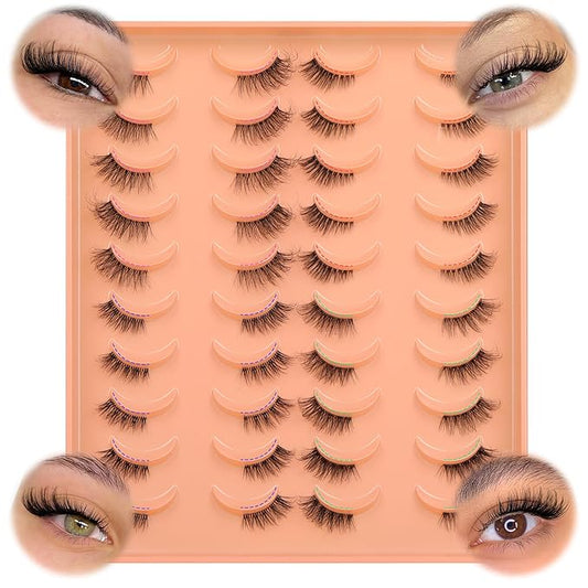 JIMIRE 20 Pairs Hlaf False Eyelashes with Clear Band Half Lashes Wispy Short Accent Lashes 4 Styles Mixed Cat Eye Mink Lashes Fluffy 3/4 Corner Fake Half Lashes Cat Eye Natural Look