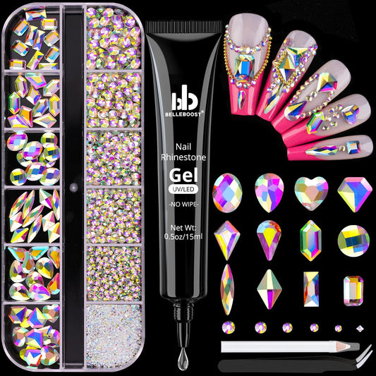 2060Pcs AB Glass Nail Rhinestones 60Pcs Multi Shapes Flatback Nail Gems + 2000Pcs 1.5-4mm Round Crystal with Rhinestones Glue Gel, Manicure Nail Charms Diamond Gemstones for Nail Art