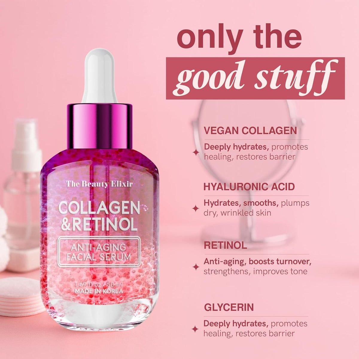 Collagen & Retinol Serum For Face - Ultra Hydrating, Restores, Smooths & Reduces Wrinkles - Dermatologist Tested, Natural Ingredients, Clean Beauty - Korean Skin Care - 1.69 Fl. Oz