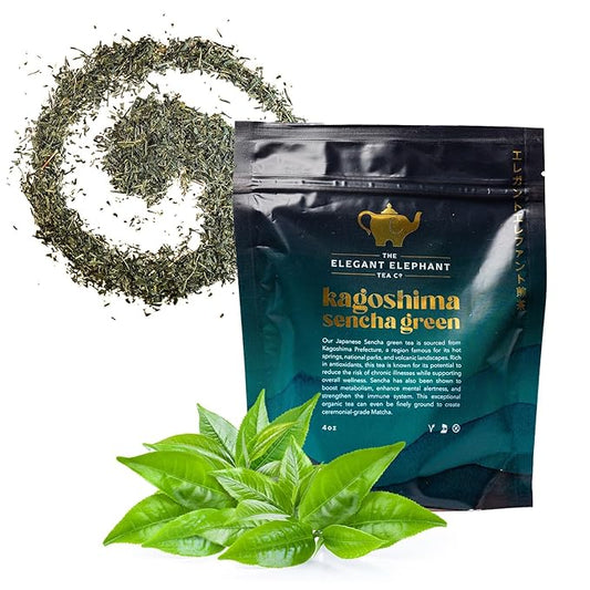 Japanese Sencha Green Tea, Organic Loose Leaf Sencha Tea – Antioxidant & Detox Support – Refreshing Hot or Iced Green Tea – 4 oz Resealable Bag (Makes 50 Cups) – The Elegant Elephant