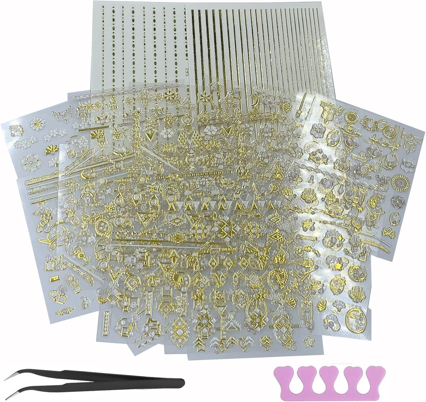 22 Sheets 3D Nail Adhesive Stickers for Women Gold Metallic Chain Line Nail Stickers Diamond Design Luxury Nail Art Decoration with with Tweezers Nail File Separators
