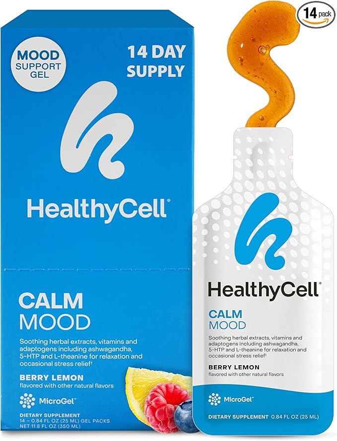 Healthycell Calm Mood Daily Liquid Supplement - Cortisol Manager & Mood Support Supplement for Stress with Ashwagandha, L-Theanine, Magnesium, 5-HTP, GABA & Saffron - 14 Gel Packs
