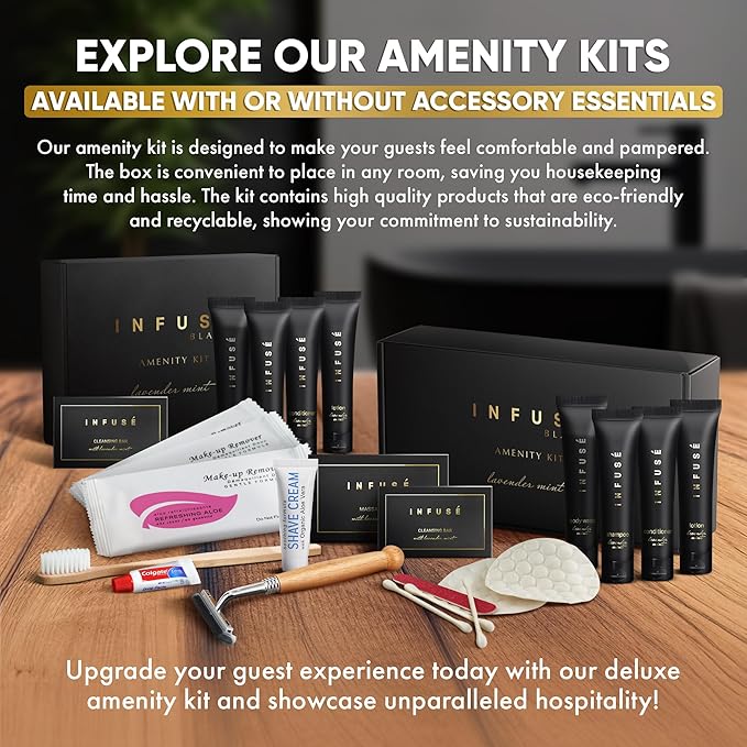 Infuse Black Amenity Kit | Boxed Hotel Toiletries | Bulk Set 1 oz Travel Size Shampoo, Conditioner, Lotion, Body Wash & Cleansing Bar for Guest Hospitality AirBnB/Vacation Rentals | 300 Pieces
