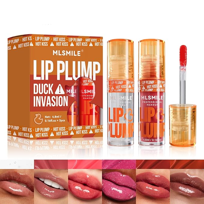 Hydrating Plumping Lip Oil Set, Natural Lip Gloss Plumper with Ginger, Transparent Moisturizing Lip Balm, Tinted Lip Plumper Gloss Make Lips Fuller, Vegan Lip Makeup (Set B, 3Pieces)