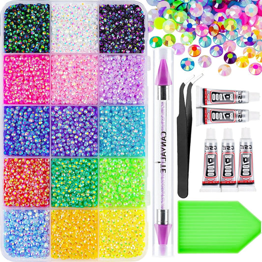 18000Pcs Resin Jelly Rhinestones for Bedazzling, Multicolor 3mm Flatback Rainbow Gems, Bedazzling Crystal with 4Pcs 2.5g Jewelry Glue, Rhinestone Picker for DIY Crafting Clothes Shoes Nail Art