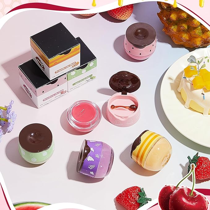 12 Pcs Bee Lip Balm Honey Pot with Brush Propolis Lip Mask Overnight, Moisturizing Hydrating Lip Sleeping Mask Prevention Dry and Cracked(Honey+Peach+Grape+Strawberry+Apple Lime+Mint)