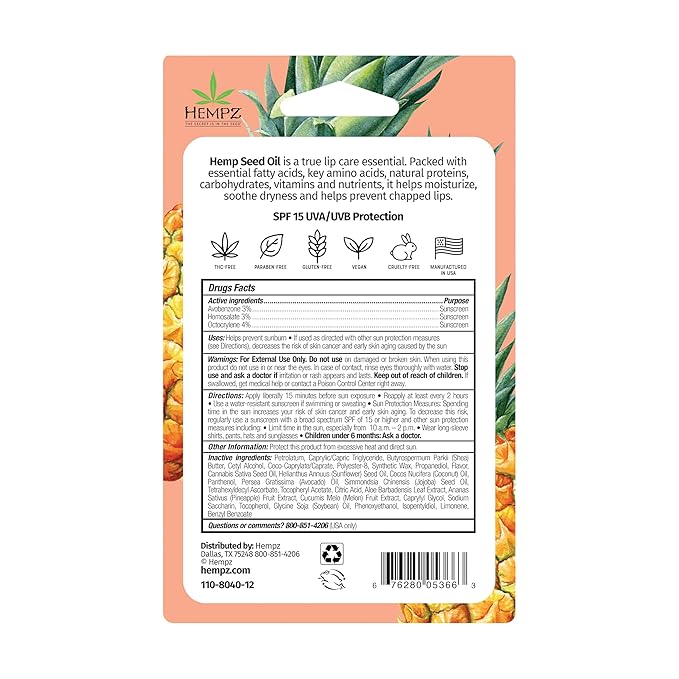 Hempz SPF 15 Lip Balm, Sweet Pineapple & Honey Melon Herbal Soothing Lip Care, for Men or Women .44 oz.