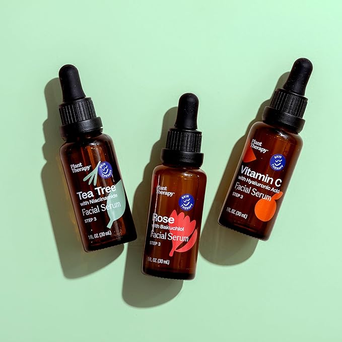 Plant Therapy Facial Serum Trio Set 1 oz each, Vitamin C & Hyaluronic Acid, Rose with Bakuchiol & Tea Tree with Niacinamide, Reduces the Appearance of Fine Lines & Wrinkles